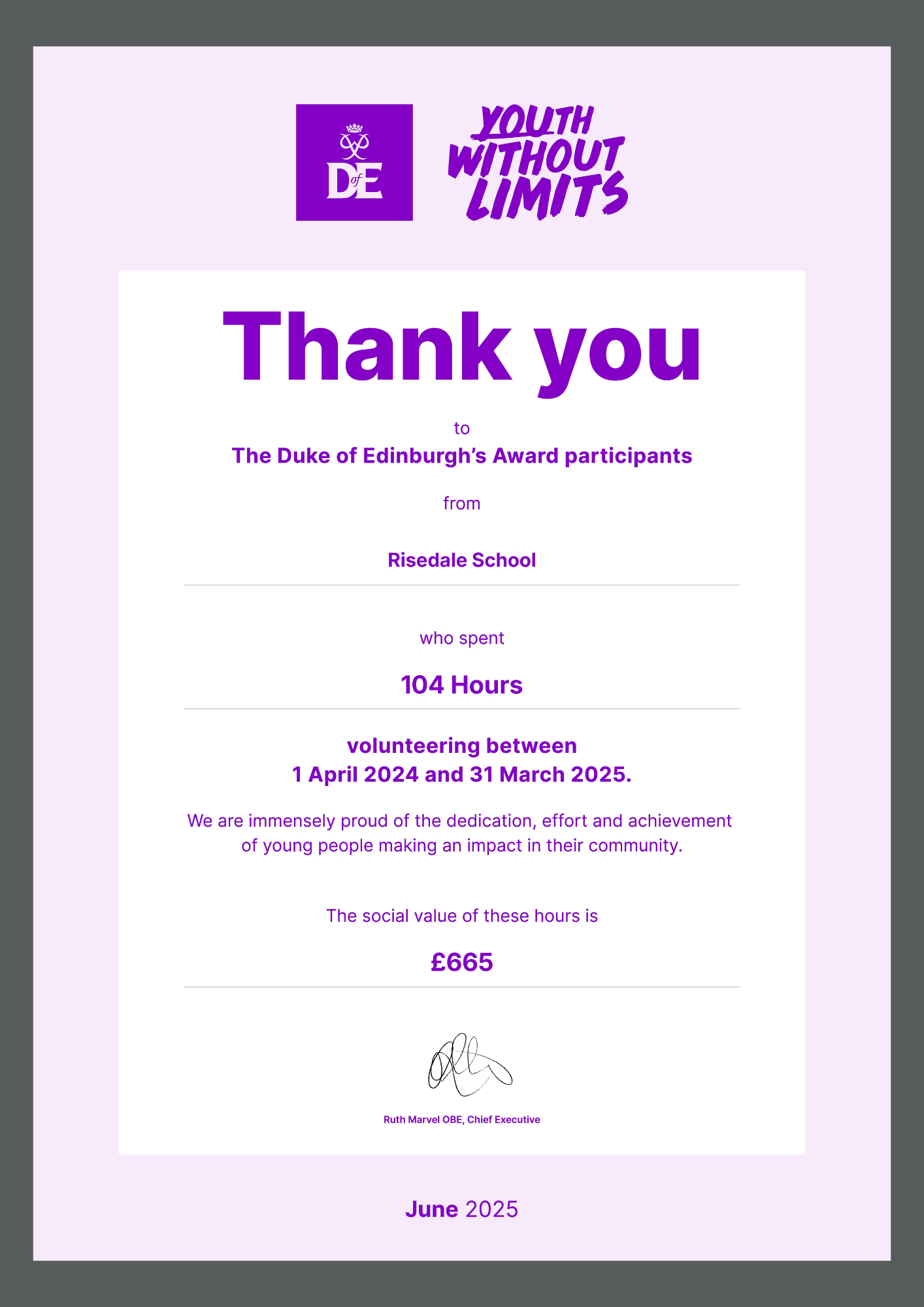 The Duke of Edinburgh's Award Volunteering Certificate